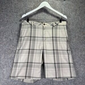 Ping Golf Chino Shorts Mens 34 Beige & Black Plaid 10" Active Casual Logo READ